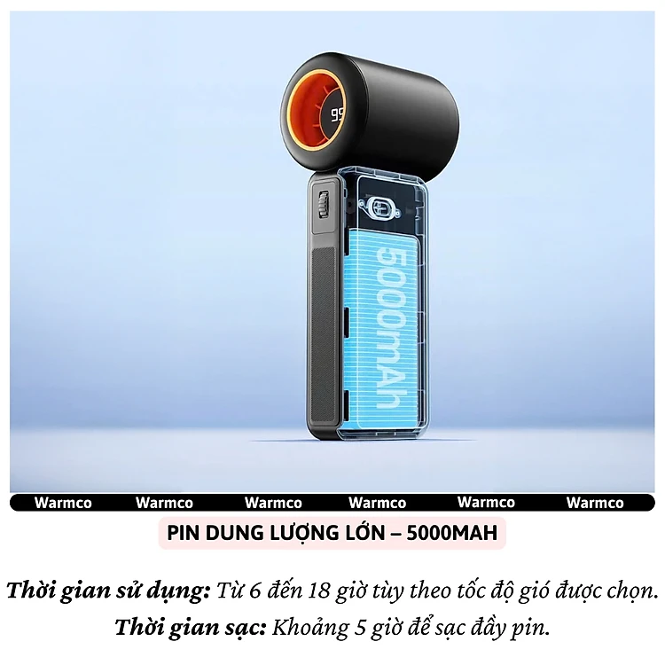 Quạt cầm tay turbo mini siêu mát Pin trâu 5000 mAh, nhỏ gọn linh hoạt hiệu WARMCO - 100 chế độ gió, dùng liên tục 18h (tùy mức gió), thiết kế đẹp, bền - hàng nhập khẩu
