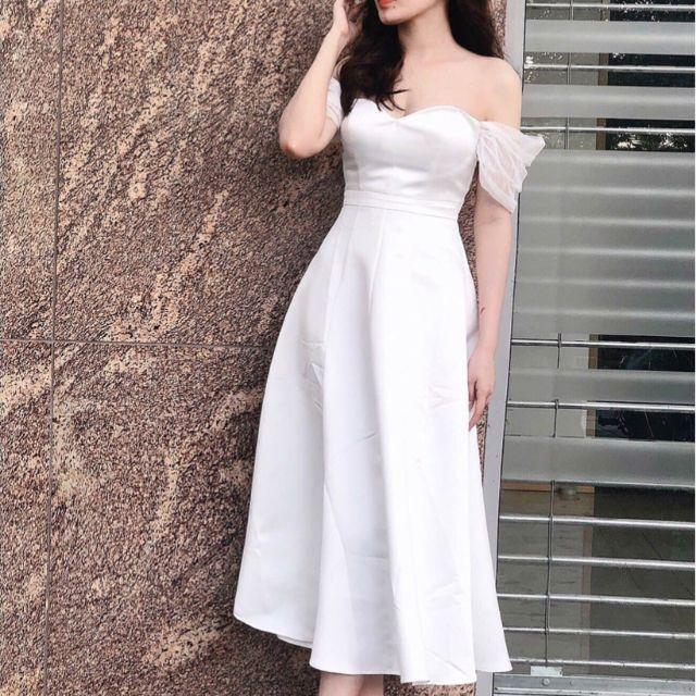 Váy Đầm nữ trắng dễ thương dự tiệc cúp ngực trễ vai dáng dài sang chảnh