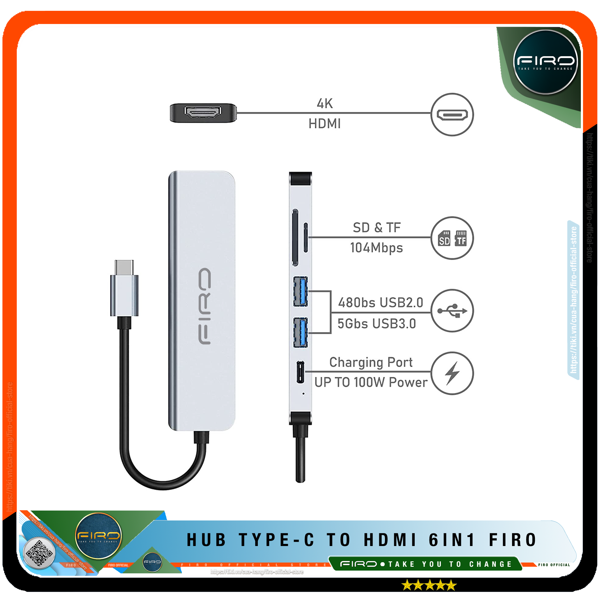 Hub Type C FIRO 6in1 - Hub Chuyển Đổi Type C To HDMI Chuẩn HDTV - 1 Cổng HDMI/HDTV 4K, 2 Cổng USB 3.0, 2 Khe Đọc Thẻ TF Và SD, 1 Cổng Sạc Nhanh Type C PD - Kết Nối Tốc Độ Cao - Dùng Cho Tivi/Laptop/Playstation/PC/Smartphone – Hàng Chính Hãng