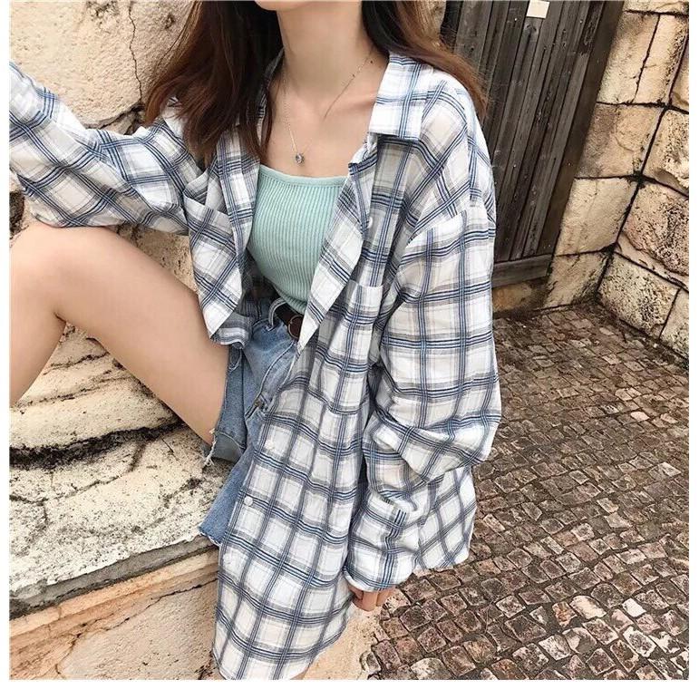 Áo sơ mi oversize caro 2 túi