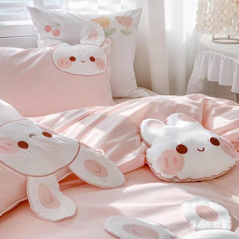 Bộ Chăn Ga Gối Côtton Linen Disney Hàng Nhập Khẩu Cao Cấp 5 Món Mẫu Thỏ hồng