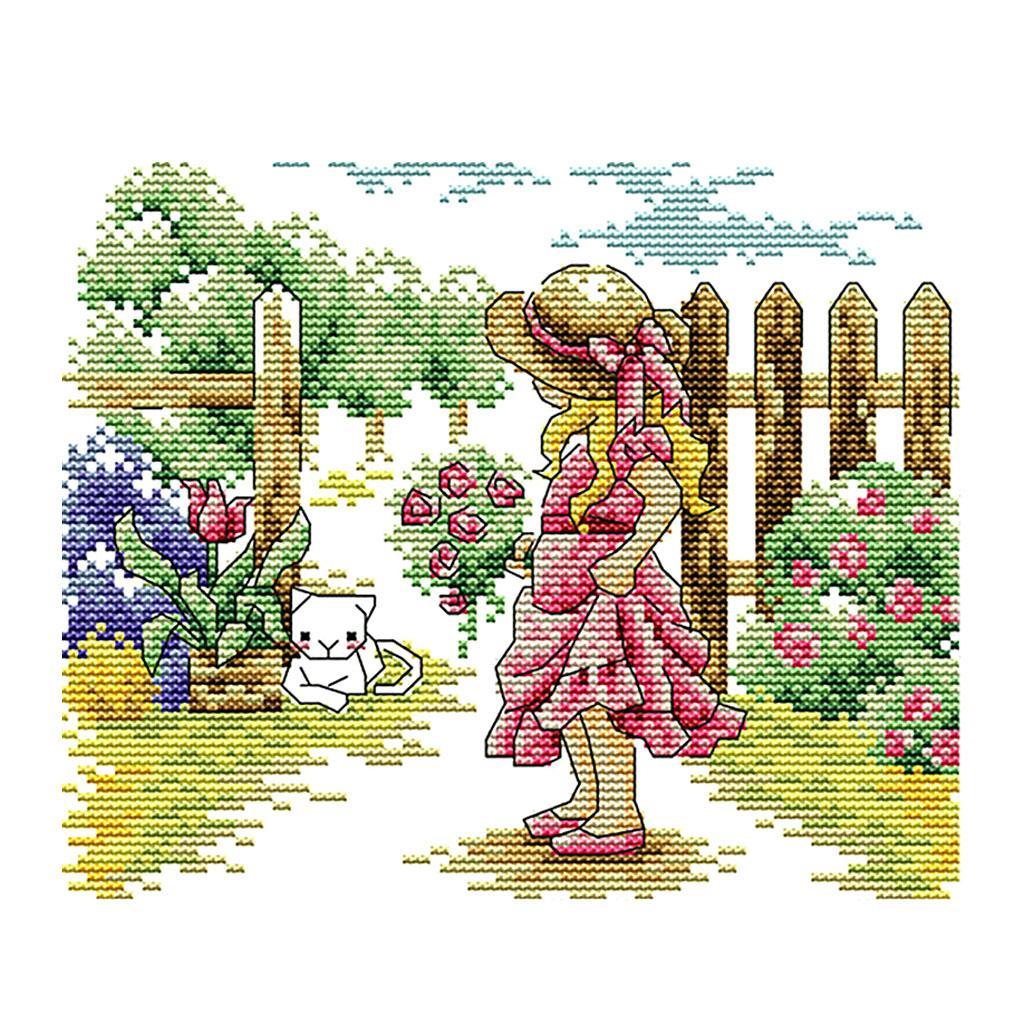 Girl in Garden Stamped Cross Stitch DIY Handmade Needlework 26x21cm 14CT