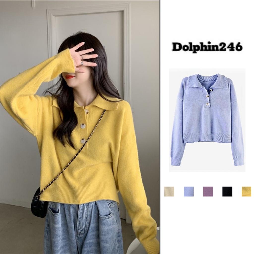 Áo len nữ dài tay form rộng cổ bẻ polo phong cách Hàn Quốc hàng Quảng Châu loại 1 D-3