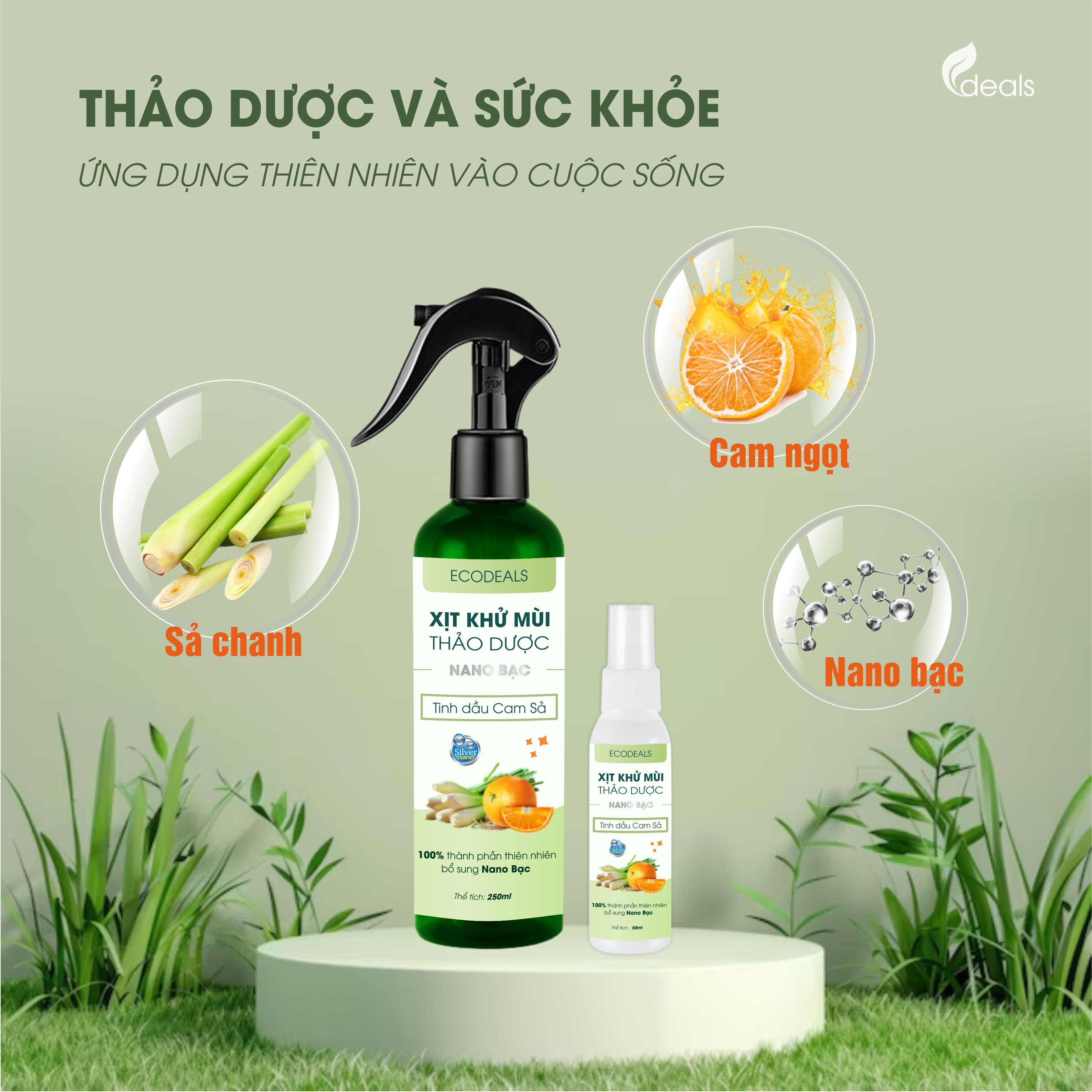 Xịt Khử mùi Kháng khuẩn thảo dược công nghệ Nano Bạc ECODEALS - Tinh dầu Cam Sả