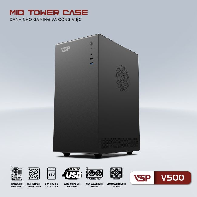 Vỏ máy tính Case VSP V500 [ĐEN] Gaming Kính cường lực (Micro ATX/ITX) - Hàng chính hãng VSP phân phối