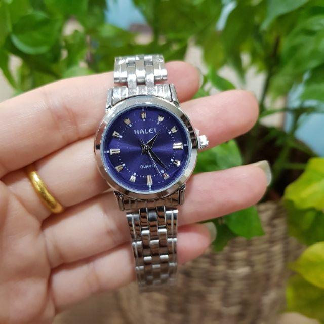 Đồng hồ nữ Halei mặt tròn xanh dây kim loại bạch kim chính hãng Tony Watch 68