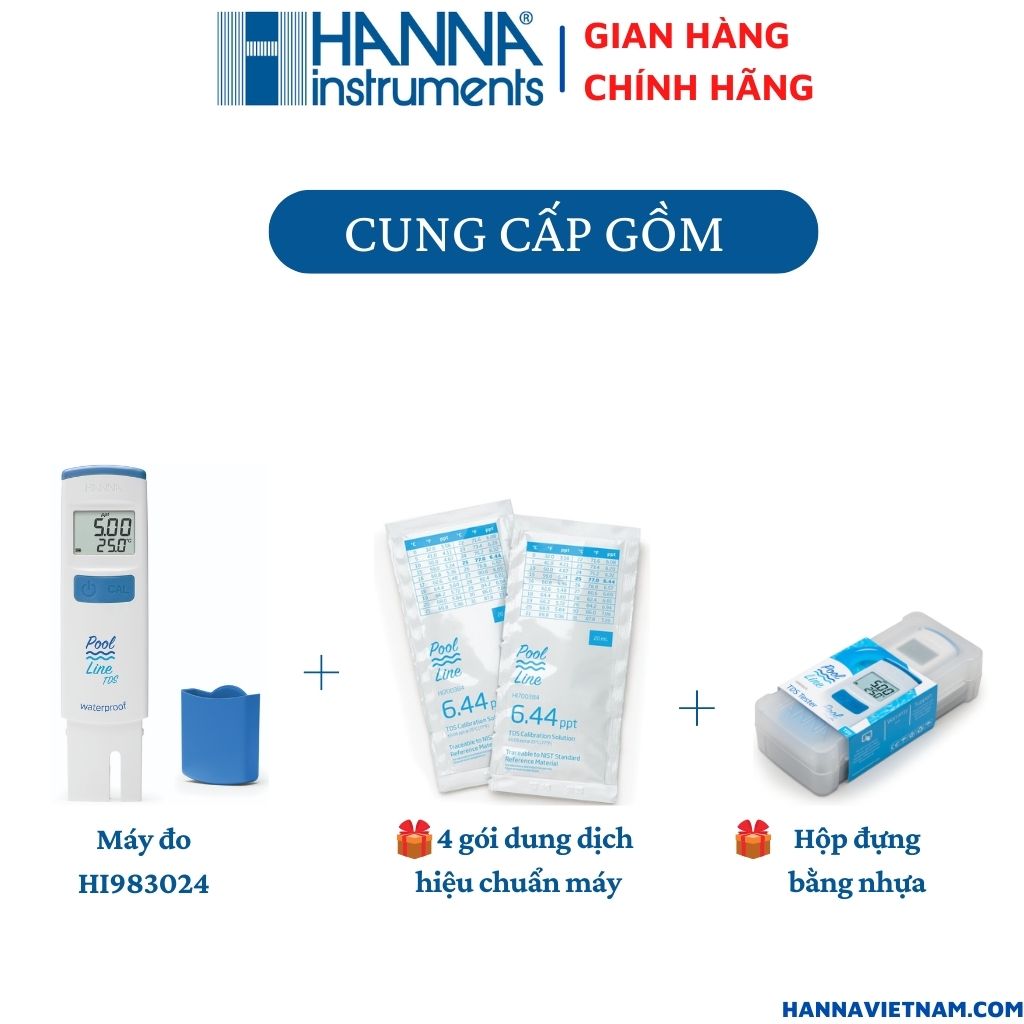 Bút Đo TDS/Nhiệt Độ (Tổng chất rắn hòa tan) Thang Cao Dòng PoolLine Chuyên Cho Nước Hồ Bơi - HI983024 Tặng Kèm 4 Gói Dung Dịch Hiệu Chuẩn