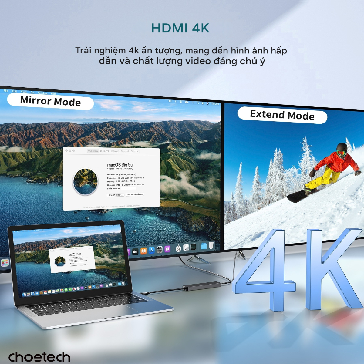 Hub chuyển đổi 5 in1 Choetech M80 (Type C to HDMI 4K30Hz + USBx 3 + PD100W) - Hàng chính hãng