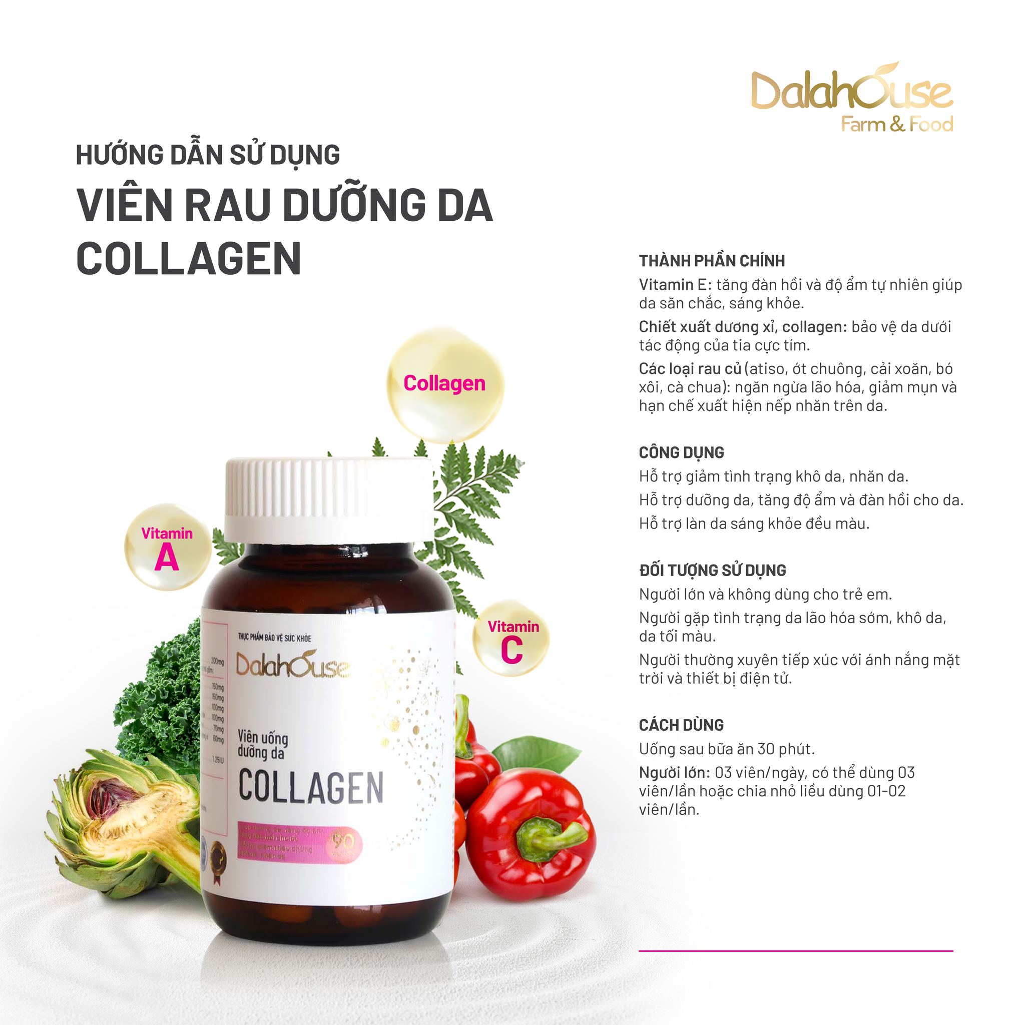 Viên uống rau củ Dalahouse - Viên rau dưỡng da collagen phục hồi & bảo vệ làn da, ngăn ngừa lão hóa. cải thiện chức năng hệ tiêu hóa