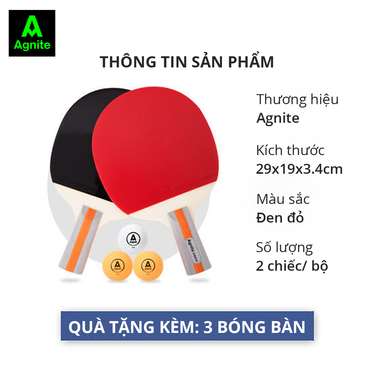 Cặp vơt bóng bàn tay cầm ngắn Agnite - Kèm bóng - 2 chiếc - F2320