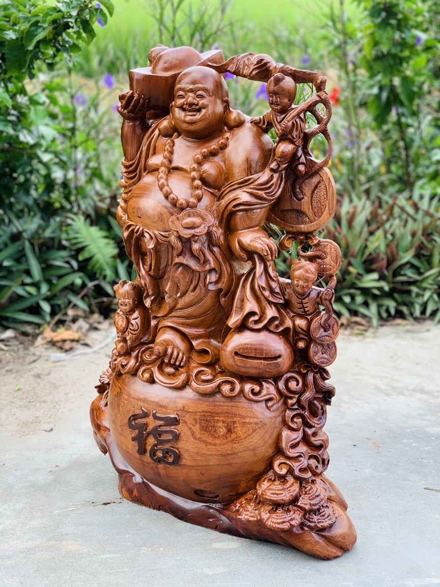 Tượng phật di lặc ngũ phúc bằng gỗ sụn hương ta cực đẹp kt cao 72×55×24cm