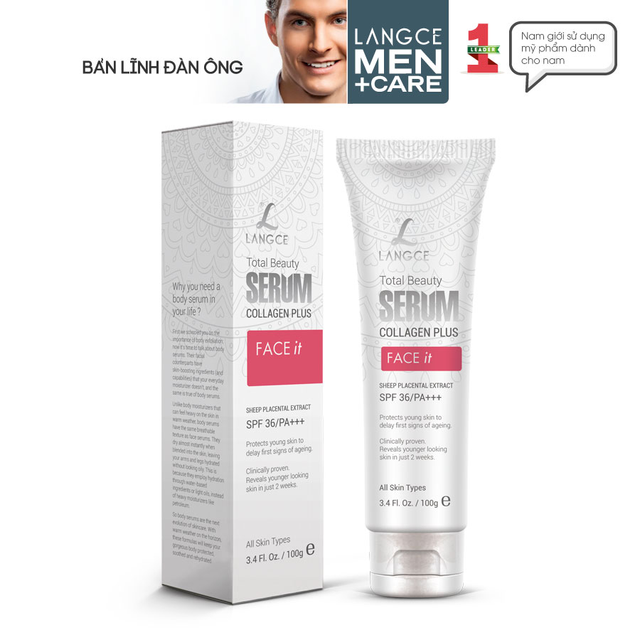 Serum Đẹp Da Collagen+ Face It Dưỡng Trắng Da, Giữ Ẩm, Mềm Mịn 100ml cho Nam TẶNG Gel Vệ Sinh Vùng Kín Nam 100ml LANGCE