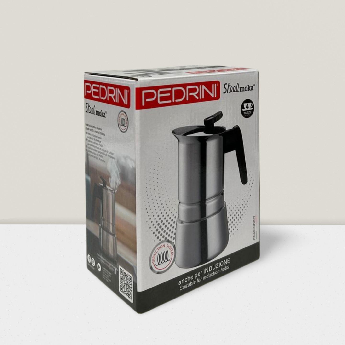 Ấm pha cà phê PEDRINI Steel Moka Induction - Stainless steel 18/10 - 4 cup/ 6 cup - Sử dụng được cho bếp từ.