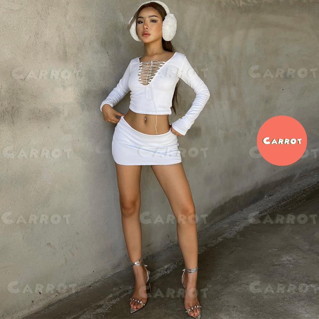 Set áo croptop tay dài chân váy ngắn ôm body tôn dáng chất thun cao cấp carrotxinhdep đi chơi đi du lịch hình thật