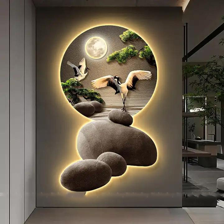 Tranh đèn led tráng gương chim hạc trên đá cuội tranh phòng khách phong thuỷ kèm đinh treo