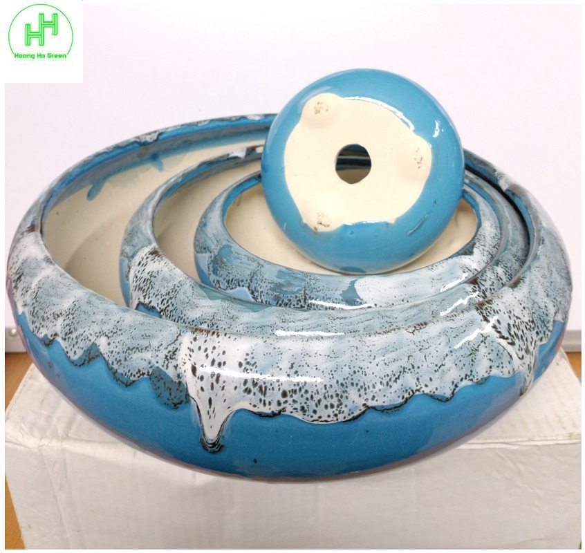 Bộ 4 Chậu gốm sứ BT trồng hoa, cây bonsai đủ kích thước, hoa văn độc đáo - Màu xanh ngọc bích