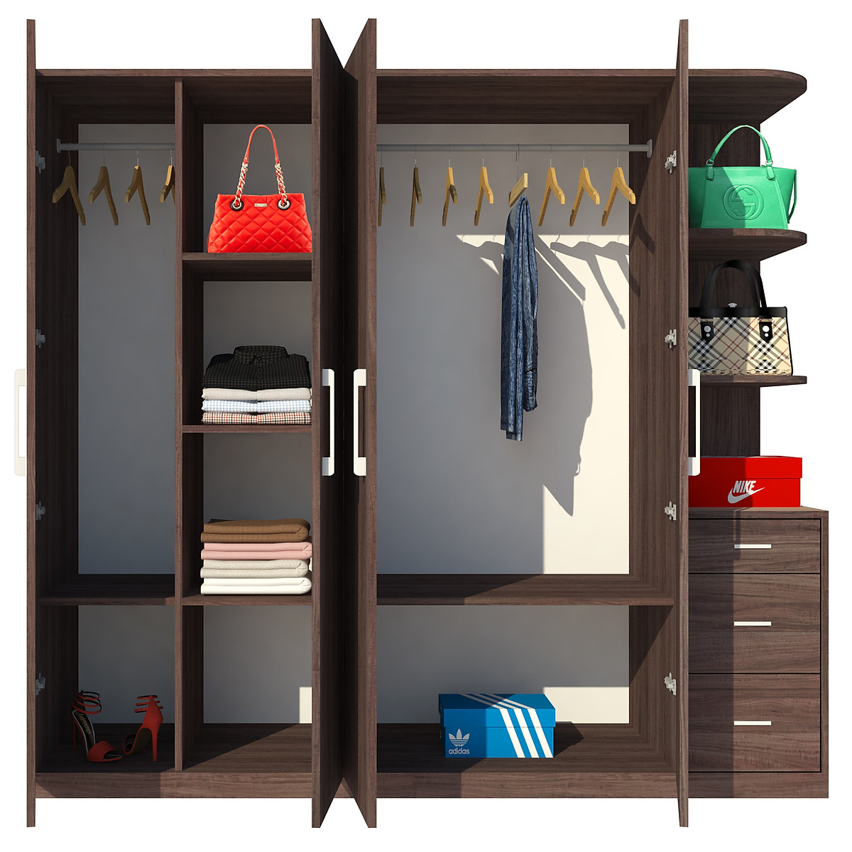 Tủ quần áo gỗ MDF Tundo 4 cánh 3 ngăn kéo màu nâu 220 x 55 x 200cm