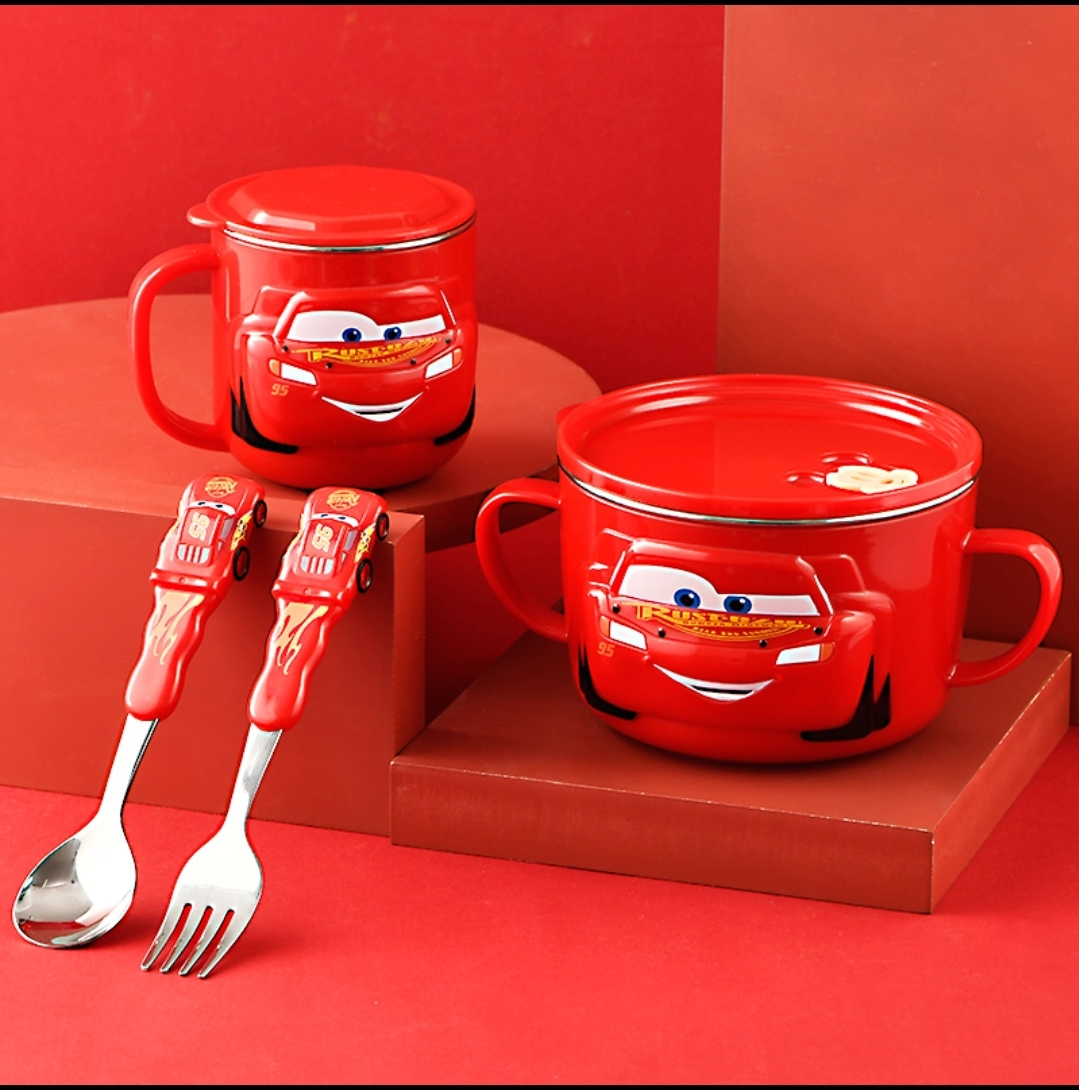 Set 4 món tô muỗng nĩa ly giữ nhiệt inox Disney xe đua Car95 Mcqueen cho trẻ em
