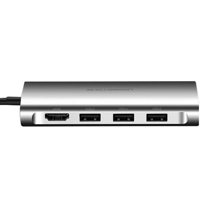 Ugreen UG50516CM121TK 15CM màu Bạc Bộ chuyển đổi TYPE C sang 3 USB 3.0 + HDMI + LAN + TF SD + nguồn TYPE C vỏ nhôm - HÀNG CHÍNH HÃNG