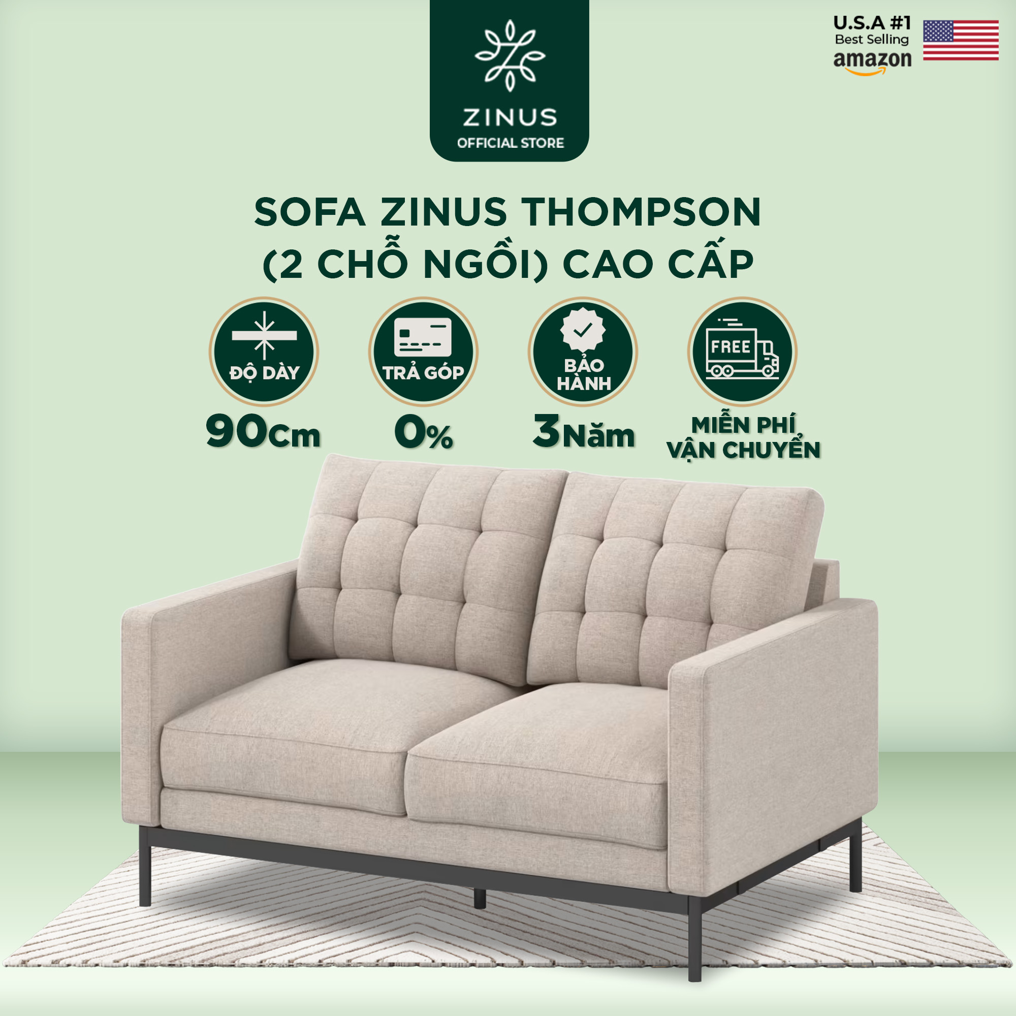 Ghế Sofa Zinus Thompson (2 Chỗ Ngồi) - Zinus Sofa 2 Seater Sofa Beige