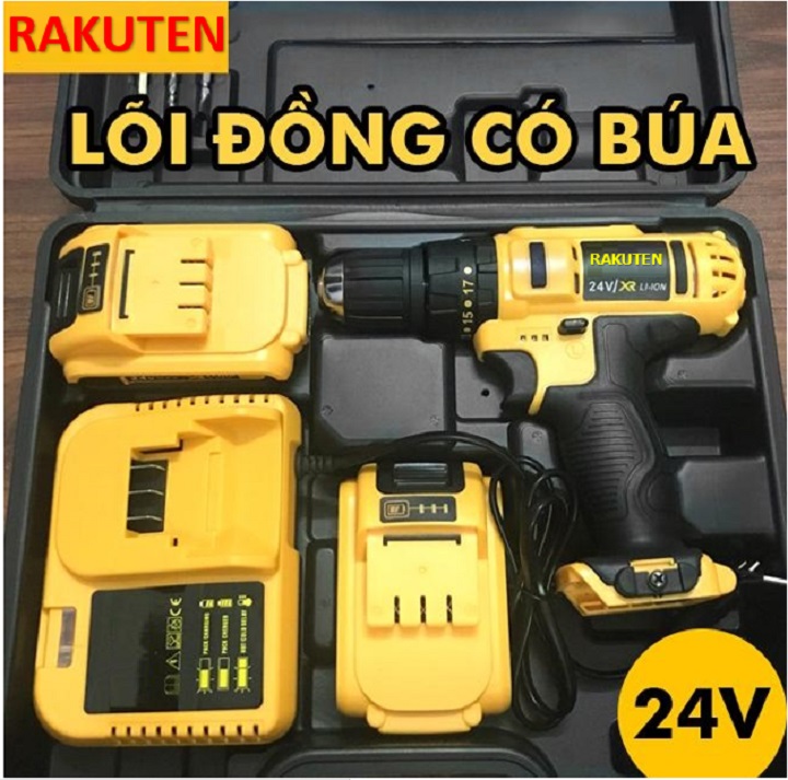 Bộ máy khoan pin RAKUTEN 24V khoan tường, khoan sắt, khoan bê tông máy 2 pin, đảo chiều và mũi khoan