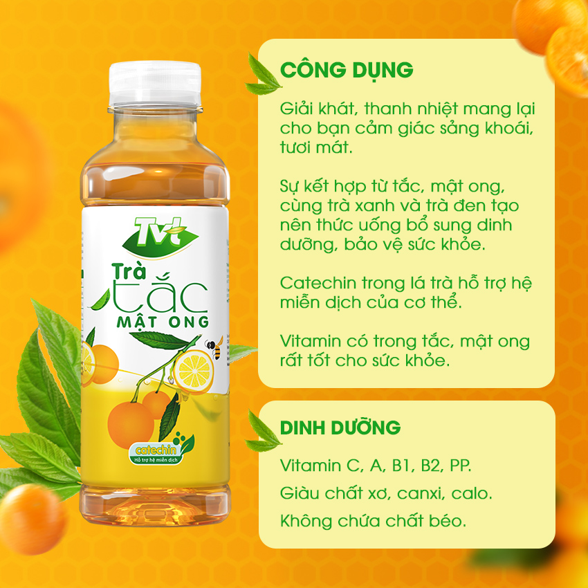 [Combo 18 chai 450ml] Trà Tắc Mật Ong TVT tinh chất trà xanh, mật ong, quả tắc, mát lanh thanh khiết, tốt cho tim mạch