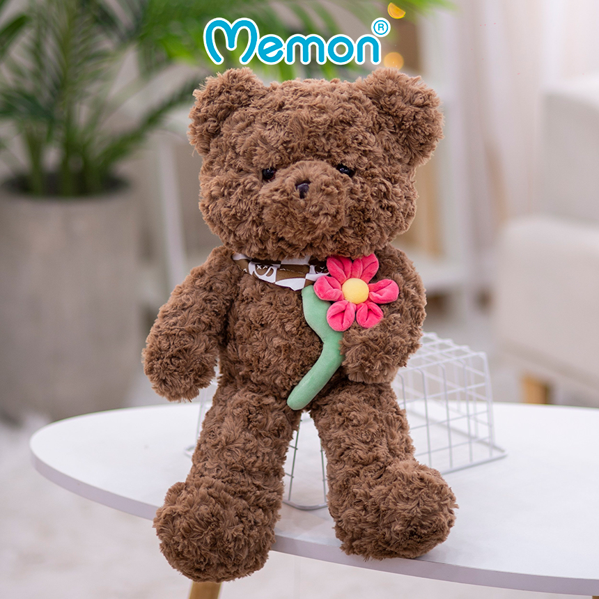 Gấu Bông Teddy Ôm Cành Hoa 50cm Cao Cấp Memon, Gấu Bông Teddy Mềm Mịn