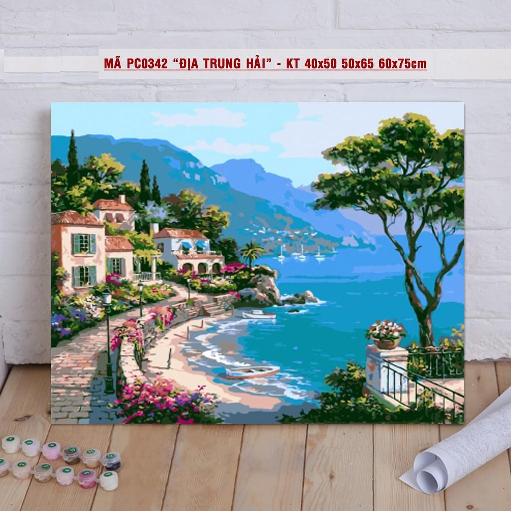 Tranh sơn dầu số hóa rẻ,đẹp-tranh tô màu theo số- tranh biển xanh, Tặng khăn,khung gỗ 40x50-Moonshop-T1