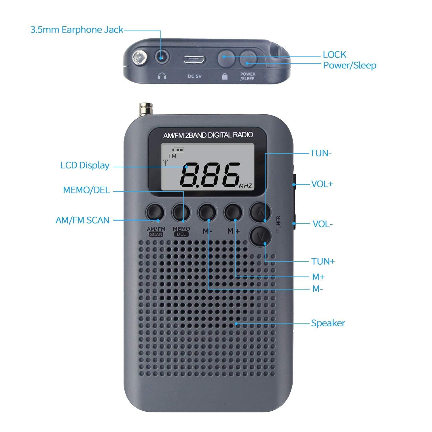 Đài phát thanh di động Mini Pocket Radio FM/Digital AM DSP Radio với đồng hồ báo thức và đồng hồ bấm giờ, radio di động với tai nghe, hỗ trợ pin có thể thay thế