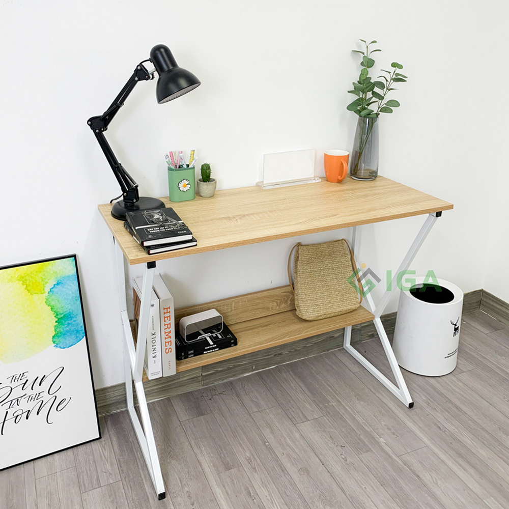 Bàn Làm Việc Gỗ Chân Sắt GAPI  Square Table Có Kệ Sách Học Sinh Nội Thất Phòng Làm Việc Lắp Ráp - GM18