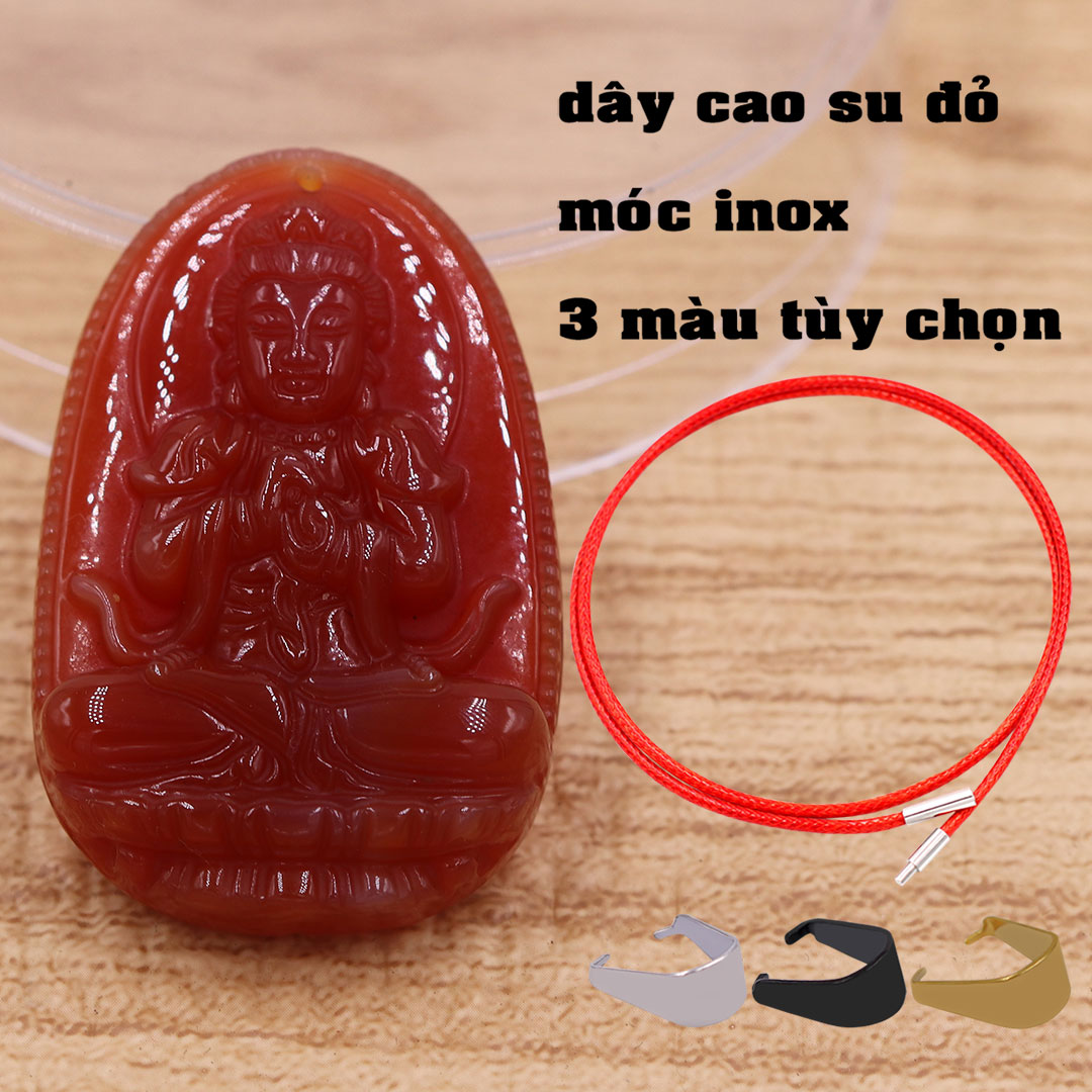 Mặt dây chuyền Đại nhật như lai mã não đỏ 3.6 cm kèm vòng cổ dây cao su đỏ, Phật bản mệnh, mặt dây chuyền phong thủy