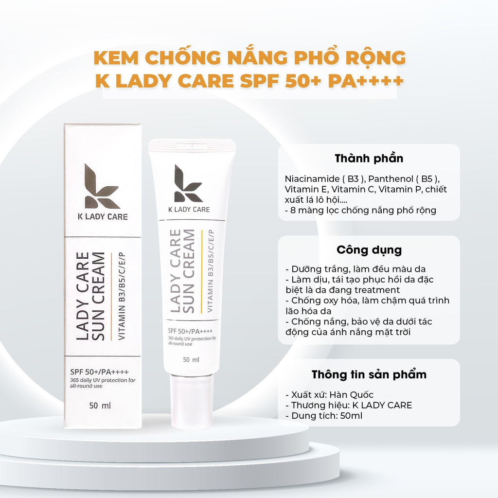 Kem chống nắng phục hồi bảo vệ da K Lady Care SPF 50+/PA++++ 50ml