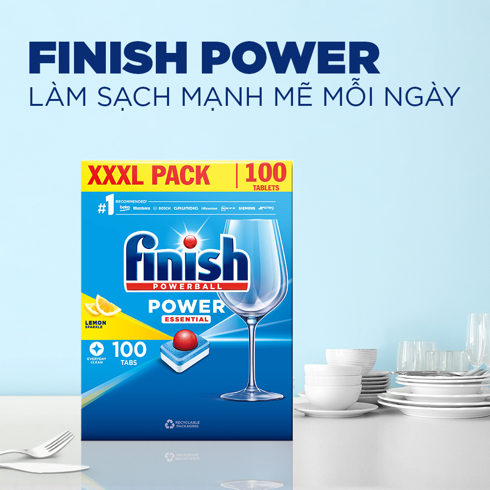 Viên Rửa Chén Bát Hương Chanh Finish Powerball Power Essential Lemon Sparkle - Túi 100 viên siêu tiết kiệm