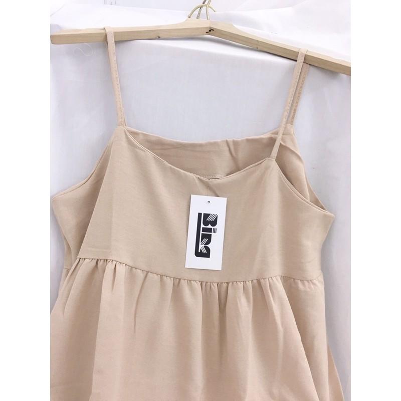 Váy bầu 2 dây - váy maxi babydolls vải đũi mềm dáng rộng màu be