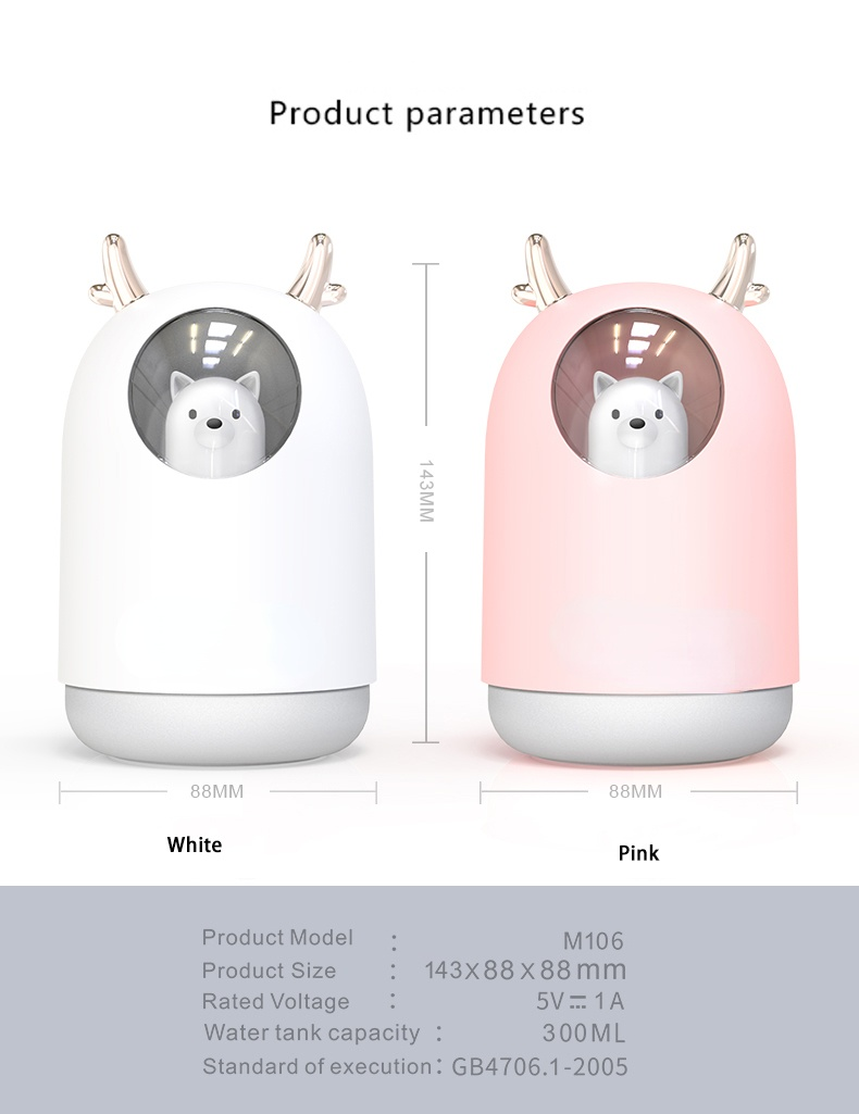 Máy Tạo Độ Ẩm Không Khí 300ML Hình Thỏ Dễ Thương Siêu Im Lặng USB Tinh Phòng Xe Ban Đêm LED Đèn Máy Lọc Không Khí Sương máy Làm Không Khí Tươi Hơn