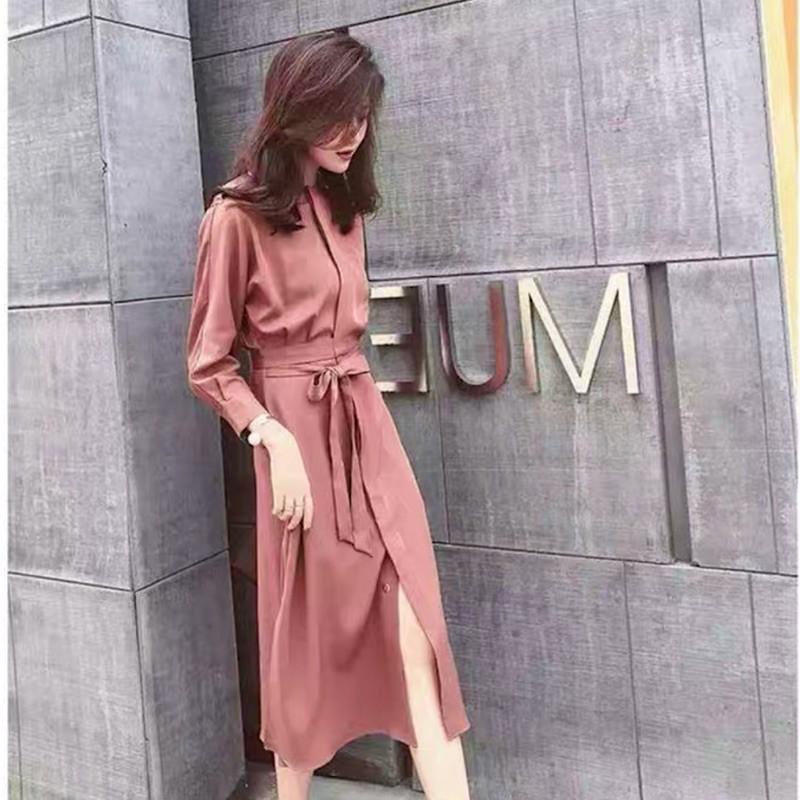 Đầm váy hồng đậm cổ tròn tay dài