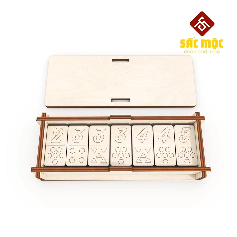 Bộ cờ Dominoes 28 quân gỗ #10 Số Kết Hợp Với Hình Khối | Domino tô màu Size 16*6*2 cm