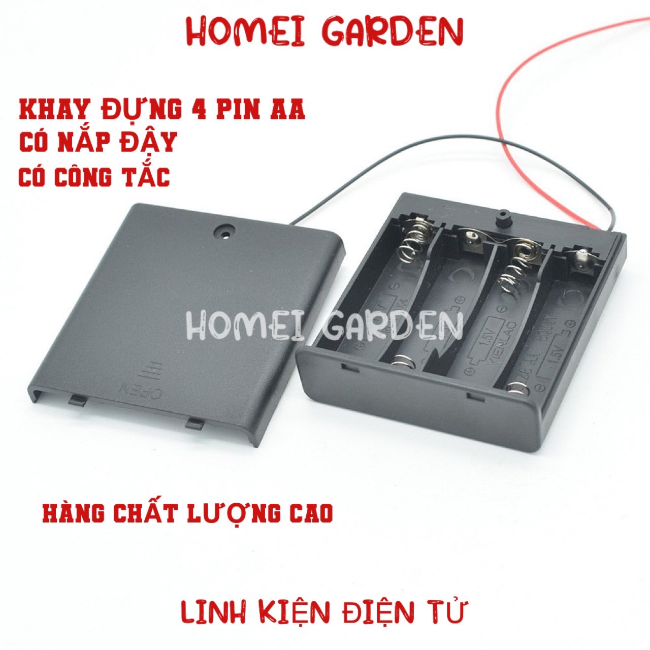 Khay pin có nắp đậy kèm công tắc loại 4 pin để chế tạo đồ chơi chạy pin DIY stem - HM0132