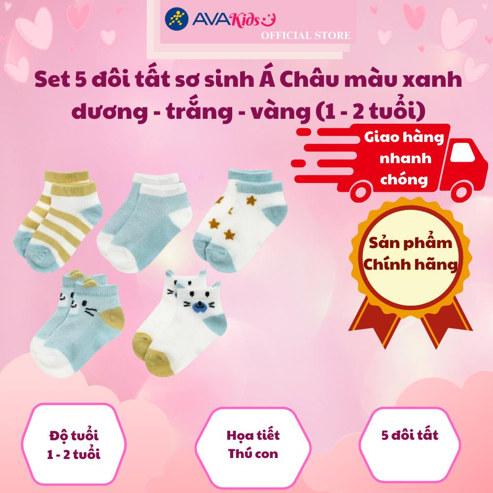 Set 5 đôi tất sơ sinh Á Châu màu xanh dương - trắng - vàng (1 - 2 tuổi)
