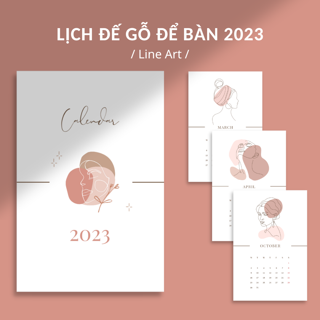 Lịch Đế Gỗ Để Bàn 2023 / Lịch Thiết Kế Chủ Đề Line Art