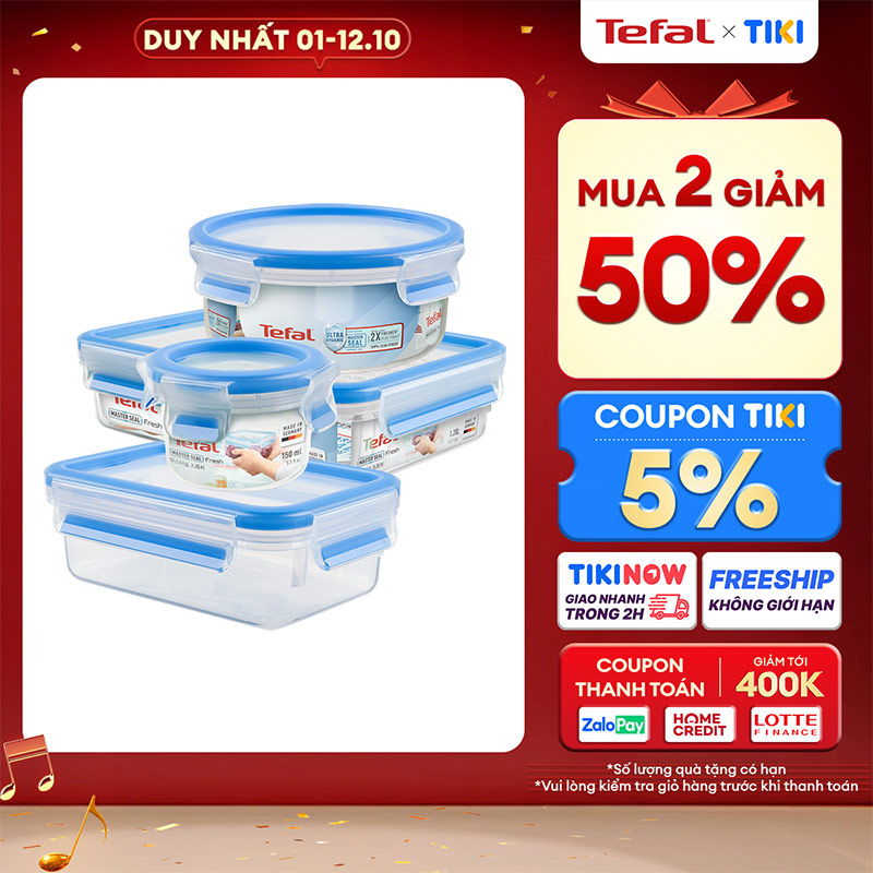 Bộ 4 hộp bảo quản thực phẩm nhựa BBA free, Tefal Masterseal Fresh, sản xuất tại Đức (150ml, 850ml, 550ml, 1200ml) - Hàng chính hãng