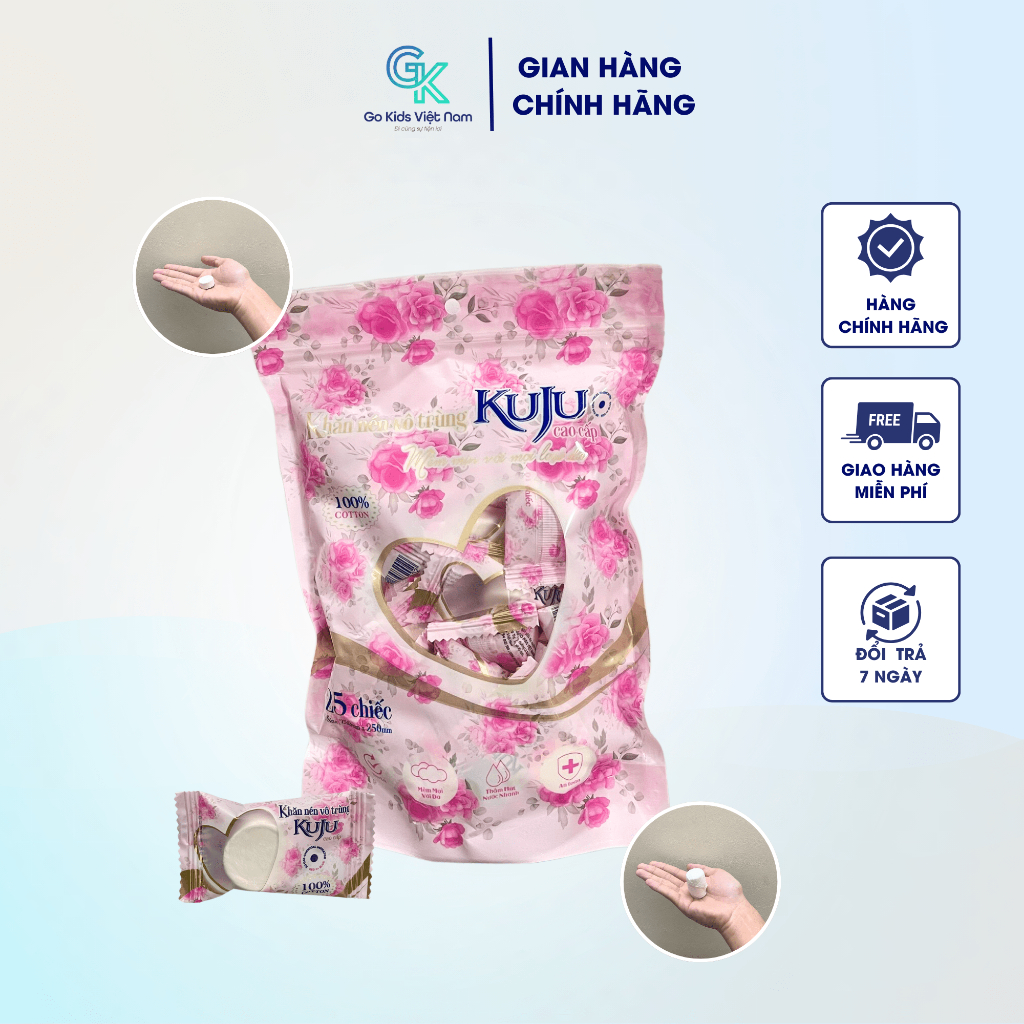 Khăn mặt nén vô trùng KUJU dùng 1 lần, khăn giấy nén hình viên kẹo tiện lợi đi du lịch gói 25 chiếc 100% cotton