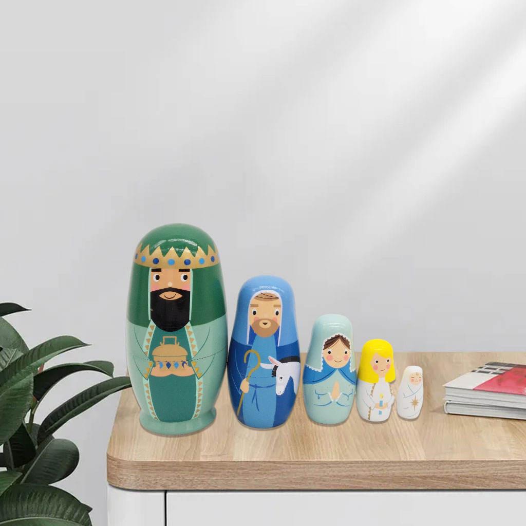 Set of 5 Cartoon Matryoshka Wooden Russian Nesting Dolls Handmade Home Decor