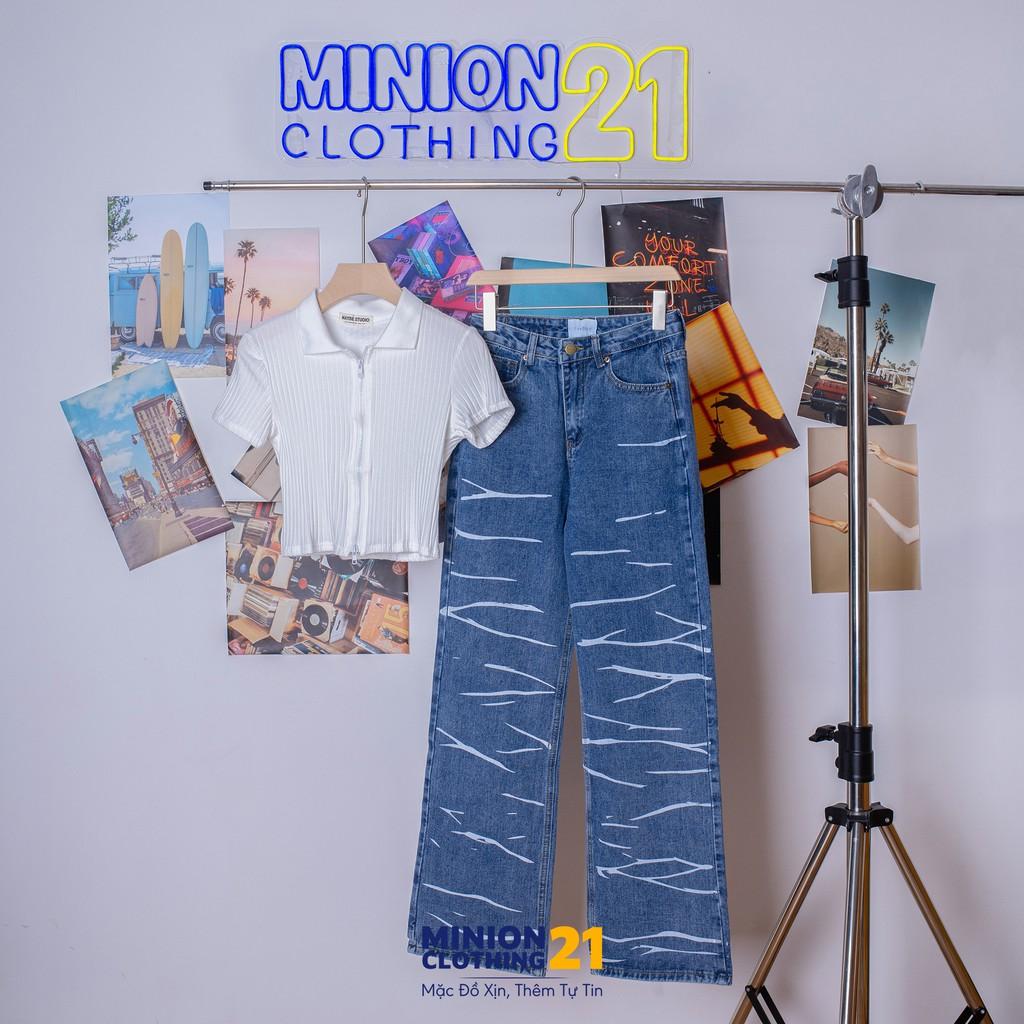 Quần jeans ống rộng sọc ngang ngựa vằn MINION CLOTHING lưng cạp cao bò Unisex nam nữ Ulzzang chất jean dày Q8605