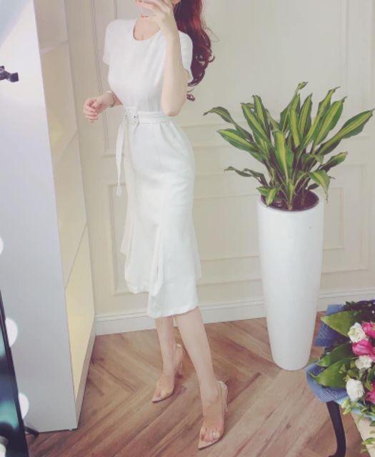ĐẦM XÒE MIDI TRẮNG KÈM BELT