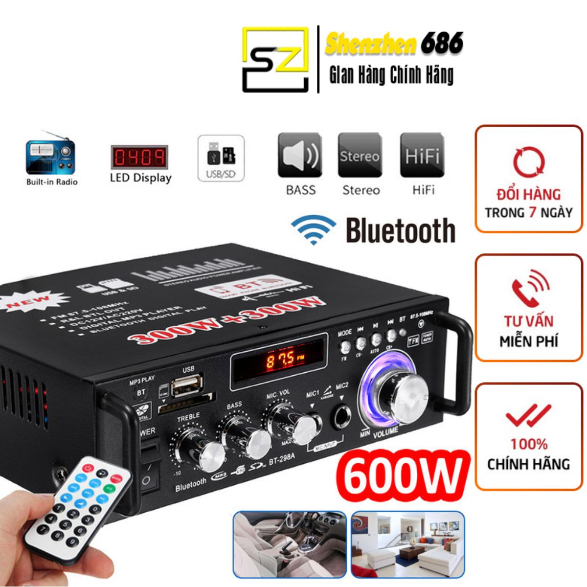 Amply bluetooth mini BT298A công suất lớn 600W kết nối usb, thẻ nhớ, audio cho âm thanh cực đỉnh 220V-12V