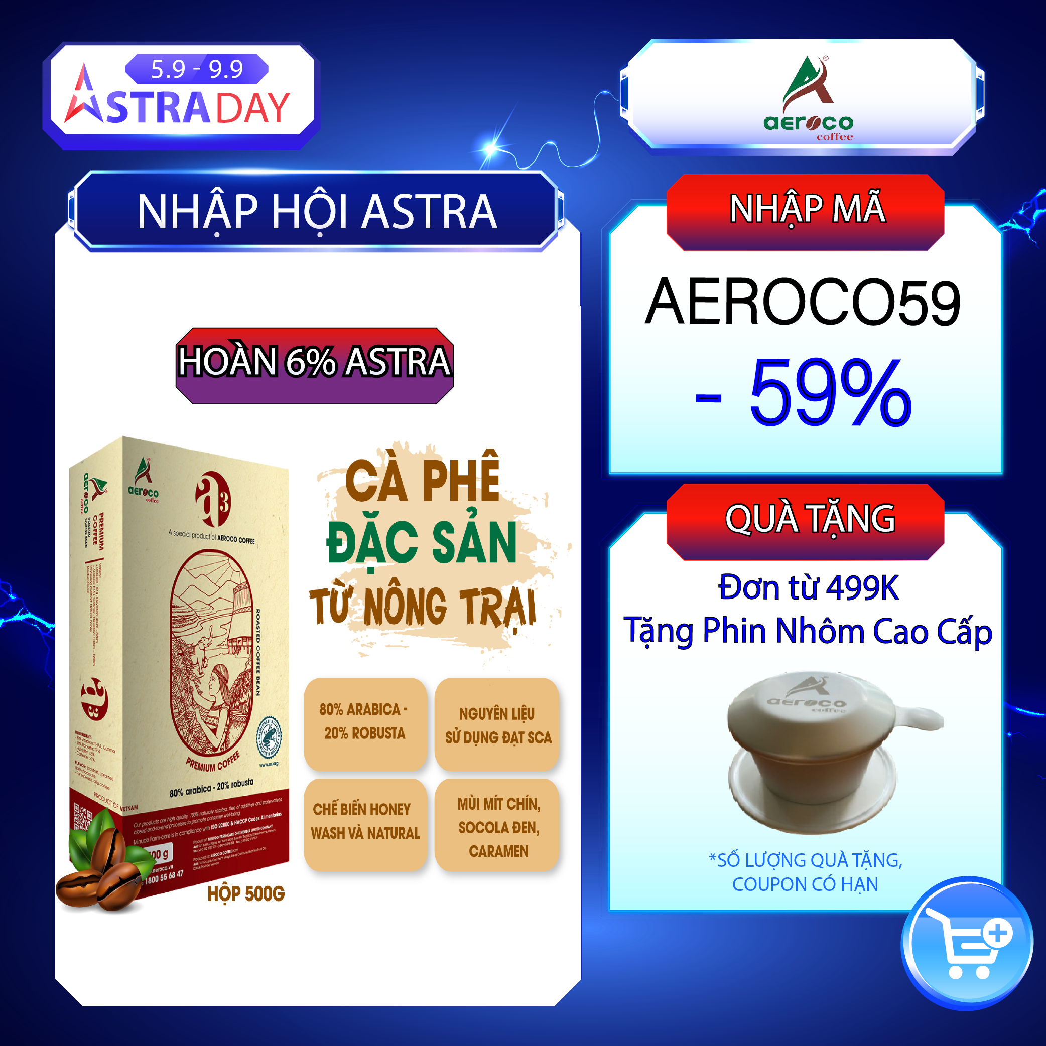 Cà phê hạt rang AEROCO A3 pha phin và pha máy, hộp 500g, nguyên chất 100% rang mộc hậu vị ngọt thơm quyến rũ