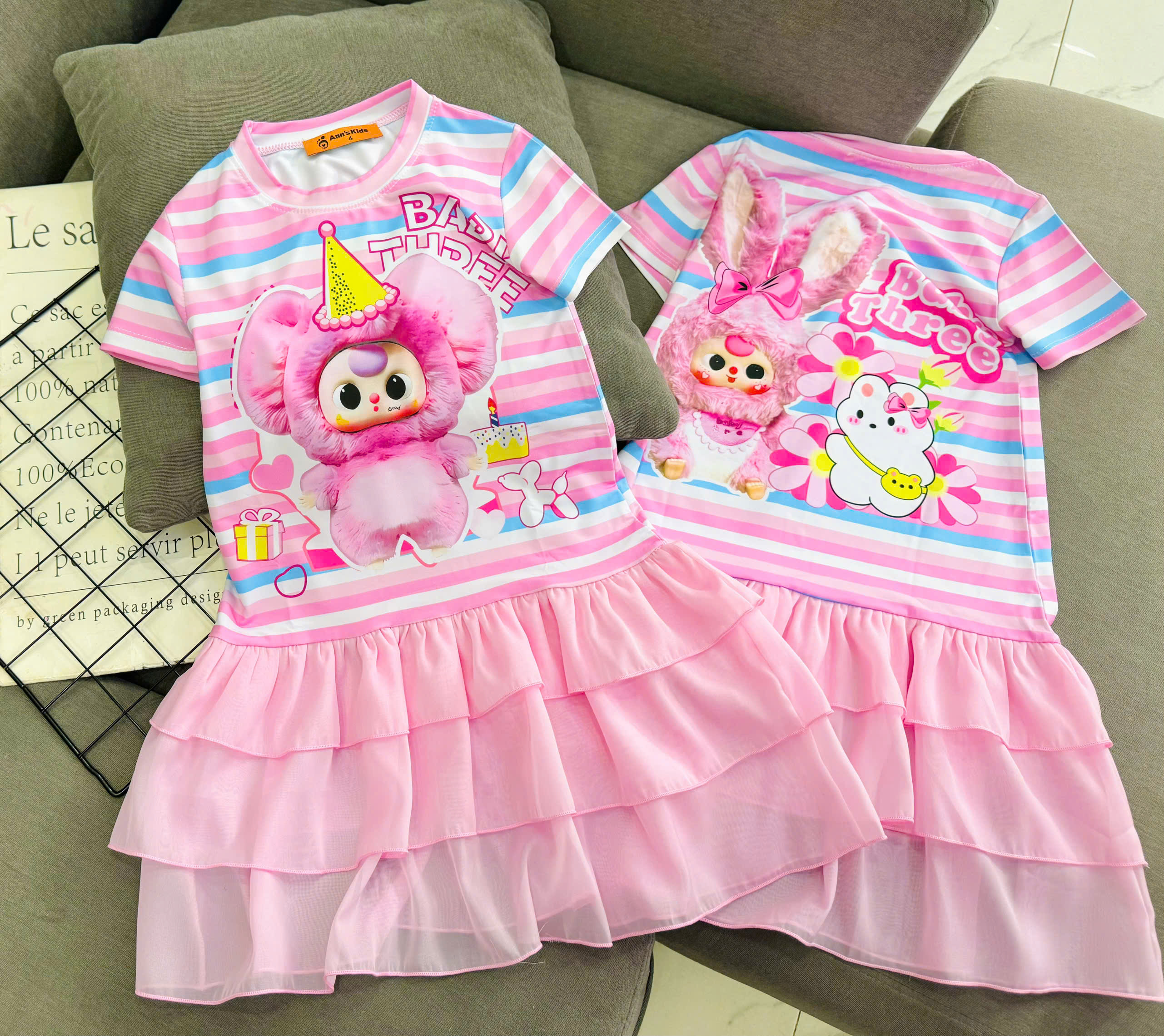 Đầm váy suông cho bé gái diện tết labubu baby three capybara size 12-45kg chất thun lạnh mềm mát