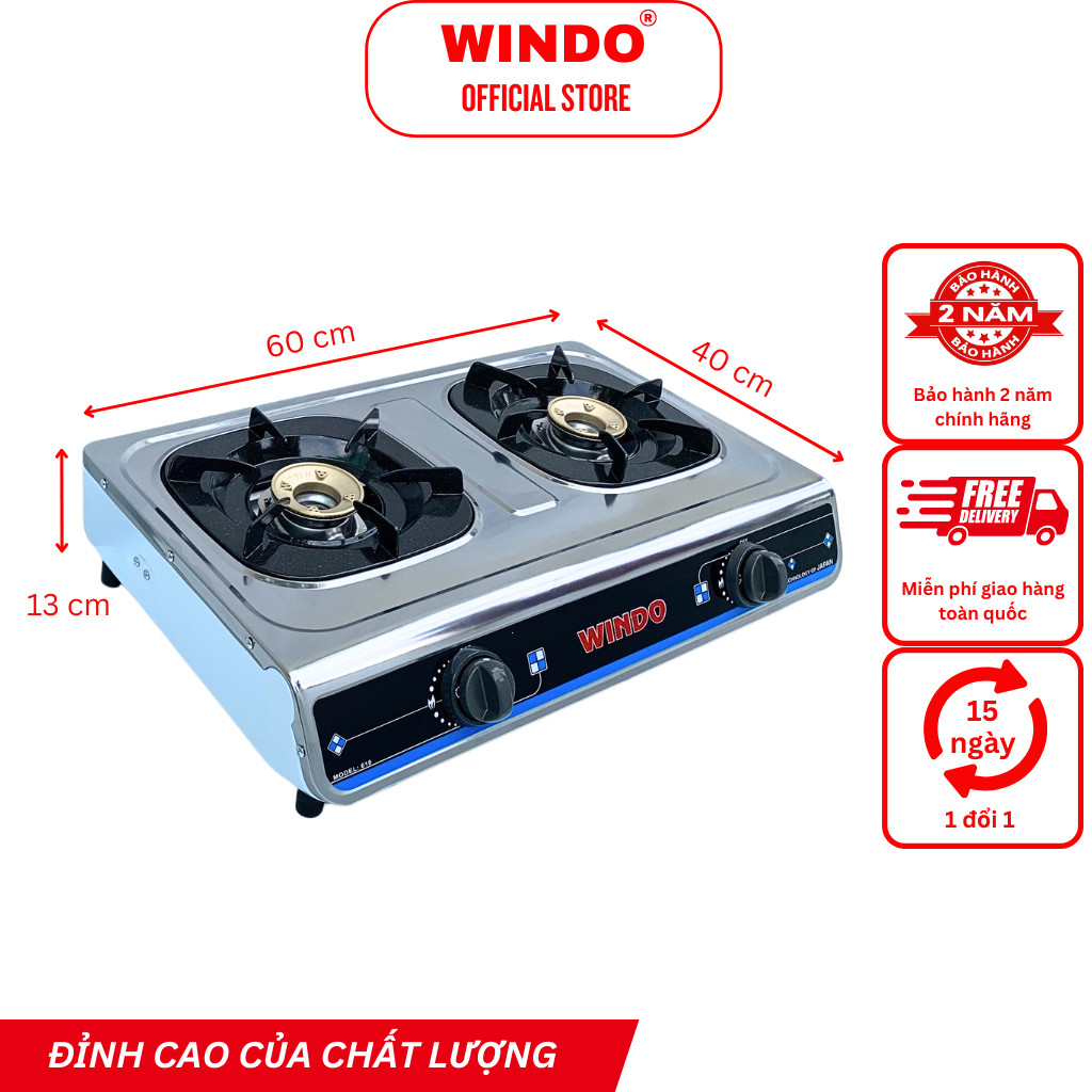 Bếp Gas Đôi Mặt Inox WINDO - 618 SI | Bếp gas 6 tấc tiết kiệm gas- Hàng chính hãng