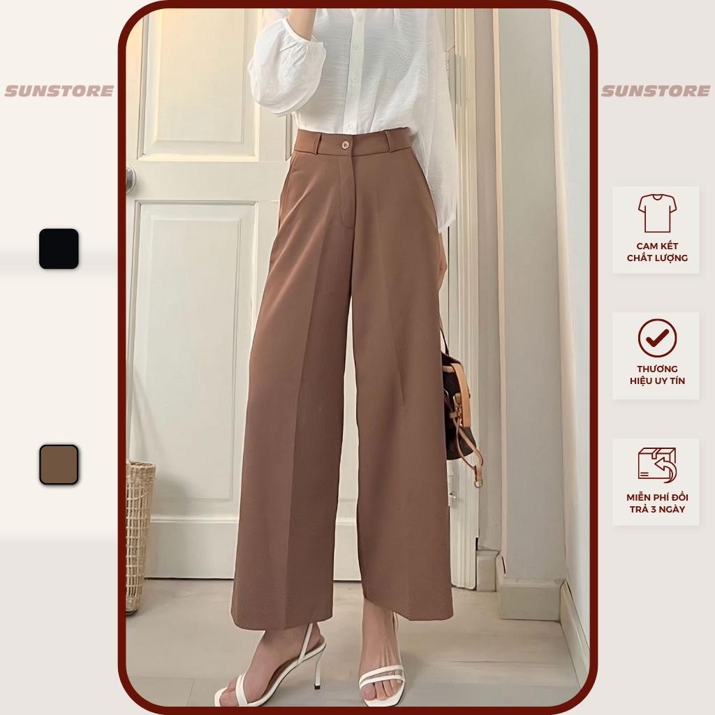 Quần lửng ống rộng nữ culottes lưng cao cạp cao vải dáng suông màu nâu và đen - Sunstore - Đen, Đen